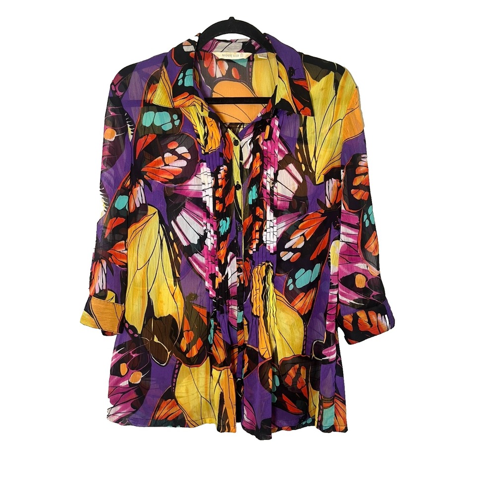 Colorful Butterfly Sheer Shirt S Boho Indie Retro Tropical Y2K Whimsical 1980s